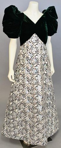 Arnold Scaasi, c. 1985, Evening gown with skirt of black silk densely machine-embroidered in silver thread and silver sequins in a floral and leaf pat