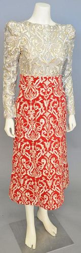 Arnold Scaasi, 1980s, Formal dress with red velvet skirt machine-embroidered in silver and gold with Renaissance design; bodice of silver net embroide