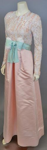 Arnold Scaasi, 1980s, Evening gown with pink silk satin skirt; the bodice is heavily embellished with white and iridescent pink sequins; turquoise blu