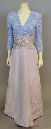 Mary McFadden, 1990s, Evening dress with a skirt of lavender silk taffeta and bodice of lavender crinkled silk. Broad waistband hand-embroidered with 