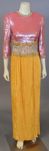 Mary McFadden, 2000, Worn at MOMA reception, Nov. 2, 2000. Evening dress with golden yellow crinkle-pleated silk skirt; the bodice...