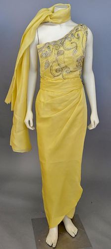 Givenchy yellow silk beaded evening gown / dress one shoulder, very good condition, lg. 52.