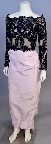 Bill Blass evening gown / dress having full sleeve embroidered black top over pink satin bottom, very good condition (size 4, lg. 58 in.)