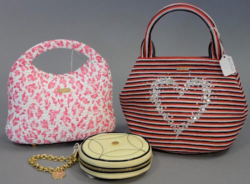 Three Eric Javits purses including squishee red , white, and blue handbag with beaded heart(8" x 12" x 6 1/2"), a clutch bag (5 1/2" x 6" x 1 1/2"), a