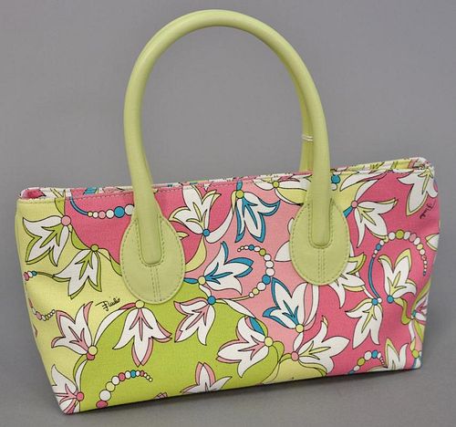 Emilio Pucci canvas multi-color flower handbag purse with leather handles.