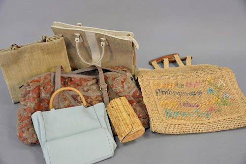 Six piece lot including Glorinha paranagua bamboo purse, two burlap large bags, leather bag with bamboo handle, large rope beach bag, and Joan David l