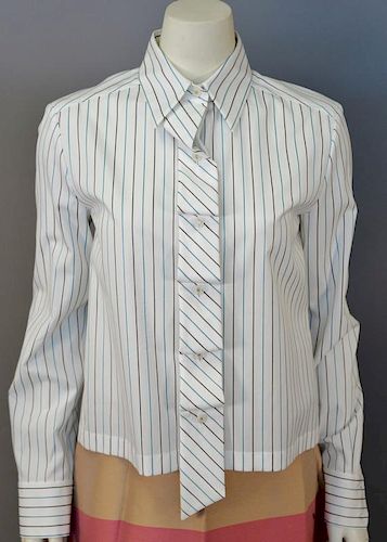 Chanel cotton blouse, white with blue and brown stripes, new with tags (size 38).