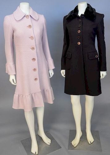 Two Moschino womens coats including chocolate brown with fur collar and a pink coat.
