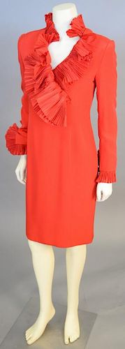 Christian Dior, style #27495, c. 1985, Woman's knee-length dress of red silk, with straight sleeves and faux-wrapped neckline edged with deep red silk
