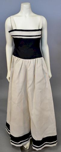 Christian Dior, Spring/Summer 1980, Evening dress of cream and black ramie (?) or linen. The skirt is cream, with two black stripes around the hem; it