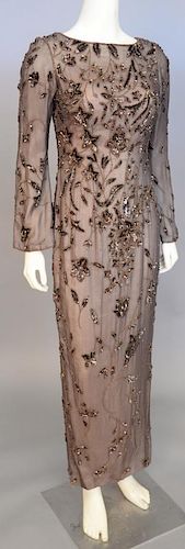 Designer sequined beaded silk brown dress, excellent condition (approximate size 4 or 6).