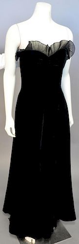 Nina Ricci Designer evening gown / dress, black velvet with silk organza ruffle top, excellent condition.