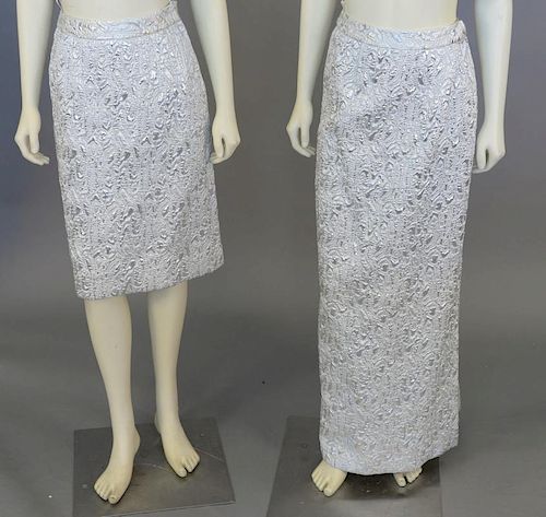 Two custom silver matelasse designer skirts (lg. 42" to 24").