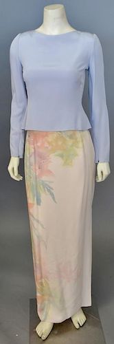 Mary McFadden, c. 1990s, Blouse and skirt set. The long skirt is pale peach silk, painted with watercolor-like design of orange and green flowers, wit