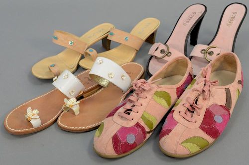 Four pairs of woman's shoes, heels, and sandles including Coach (like new), Miss Trish of Capri, Unisa, and Guess.