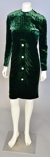 Christian Dior, Autumn/Winter 1984, Formal dress of dark green velvet; skirt front is gathered into a central vertical band embellished with jeweled b