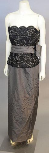 Christian Dior, Spring/Summer 1982, Evening ensemble, consisting of a long skirt of dark gray silk moire, and separate strapless bodice of cream chiff