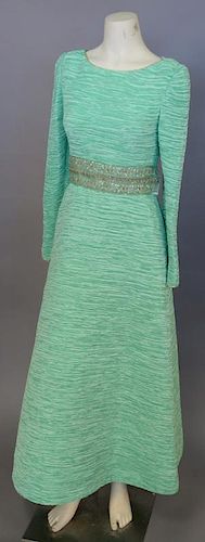 Green crinkle pleated silk evening gown attributed to Mary McFadden Couture having long sleeves with embroidered beaded belt middle section (lg. 55").