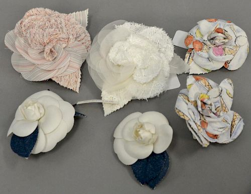 Six Camelia Rose flower corsage/pin/brooch including two cloth pair (not marked) and two Chanel tweed...