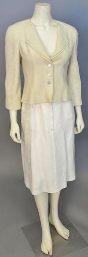 Chanel two piece lot with pale yellow wool tweed jacket and off-white linen skirt.
