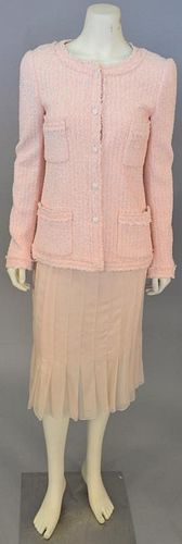 Chanel two piece lot with pink tweed/novelty weave jacket and voile pleated skirt.