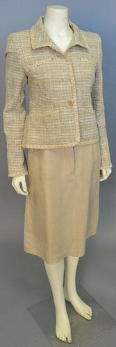 Chanel two piece lot with tan tweed jacket and tan skirt.