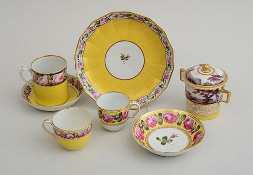 GROUP OF SEVEN ENGLISH YELLOW-GROUND PORCELAIN TABLE ARTICLES