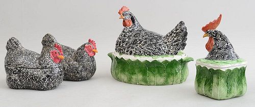 GROUP OF FOUR MODERN MAJOLICA HEN-FORM ARTICLES