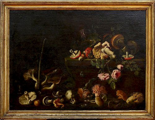 ATTRIBUTED TO SIMONE DEL TINTORE (1630-1708): STILL LIFE WITH MUSHROOMS AND FLOWERS