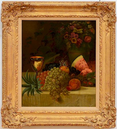 WILLLIAM MERRITT CHASE (1849-1916): STILL LIFE WITH FRUIT AND FLOWERS