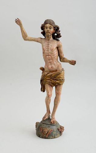 GERMAN BAROQUE CARVED AND PAINTED WOOD FIGURE OF CHRIST TRIUMPHANT, POSSIBLY NORTHERN ITALIAN