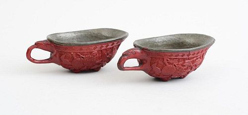 PAIR OF CHINESE CINNEBAR LACQUER CUPS, IN AN ARCHAIC STYLE