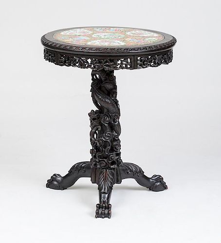 CHINESE CARVED HARDWOOD TABLE, WITH CANTON PLAQUE