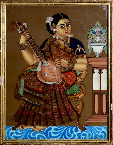 INDIAN REVERSE PAINTING ON GLASS DEPICTING A BEJEWELED BARE-FOOT MUSICIAN SEATED AND PLAYING A SITAR