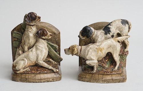 PAIR OF PAINTED COMPOSITION HOUND-FORM BOOKENDS