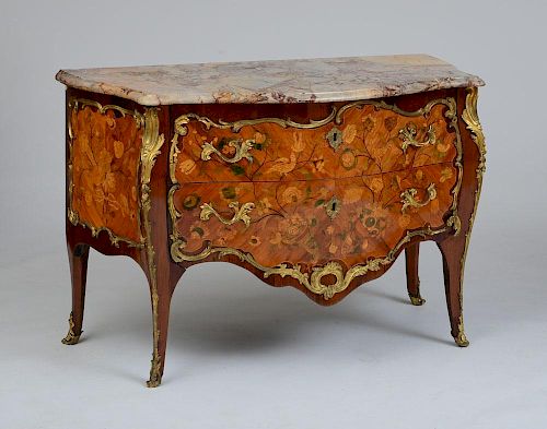 LOUIS XV ORMOLU-MOUNTED KINGWOOD, TULIPWOOD AND FRUITWOOD MARQUETRY COMMODE, STAMPED PIERRE ROUSSEL MAÎTRE IN 1745