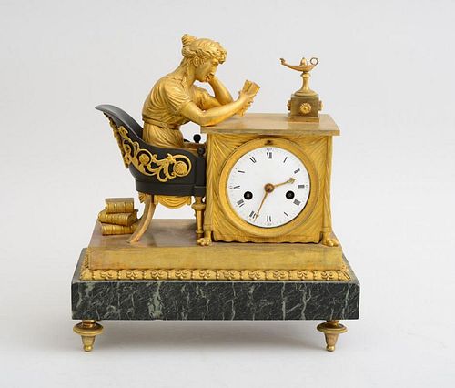 EMPIRE PATINATED AND GILT-BRONZE FIGURAL CLOCK