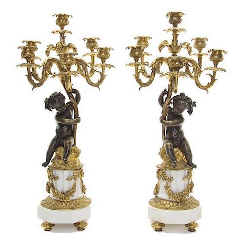 A Pair of Napoleon III Gilt Bronze and Marble Figural Six-Light Candelabra, Henri Picard, Height 23 inches.