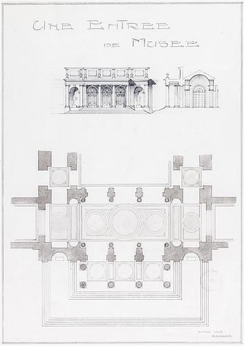 Two French Architectural Renderings Height overall 21 x width 18 inches.
