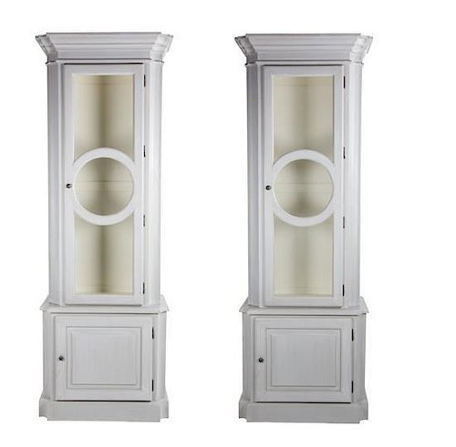 A Pair of Neoclassical Style Gray Painted Display Cabinets Height 93 x width 32 1/2 x depth 18 inches.
