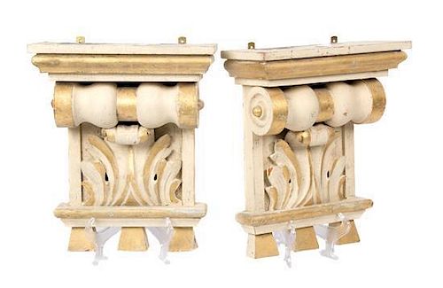 A Pair of Neoclassical Painted and Parcel Gilt Wall Brackets Height 13 inches.