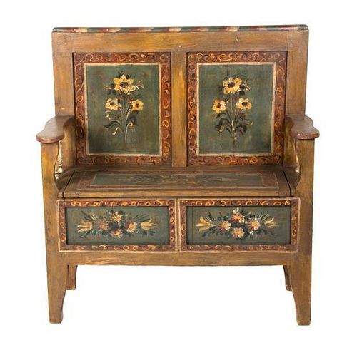 A Northern European Painted Bench Height 43 x width 39 x depth 14 1/4 inches.