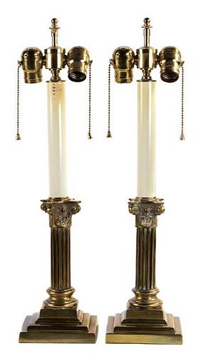 A Pair of Brass Table Lamps Height overall 23 inches.