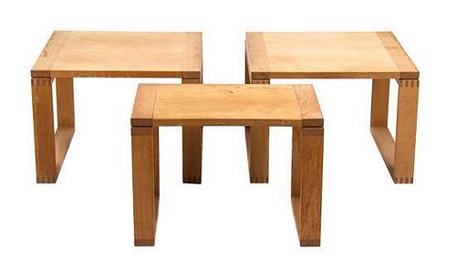 Three Mid-Century Modern Bleached Oak End Tables Height of larger 17 x width 23 x depth inches.