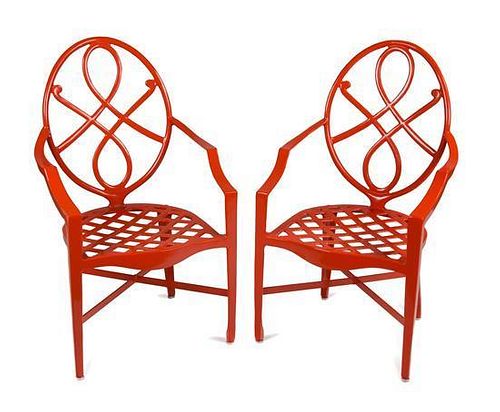 A Pair of Painted Metal Armchairs Height 18 inches.