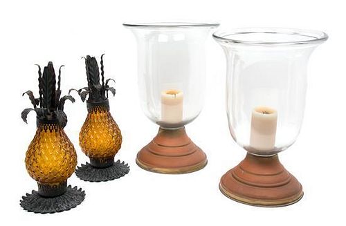 A Pair of Hurricane Shades and a Pair of Pineapple Lamps Height of taller 18 1/2 inches.
