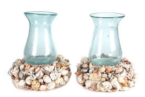 A Pair of Shell Encrusted Hurricane Lamps Height 13 inches.