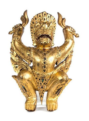 A Pair of Southeast Asian Export Giltwood Figures Height 18 1/2 inches.