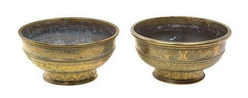 Two Southeast Asian Etched Brass Footed Bowls Diameter 10 3/4 inches.
