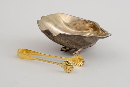 CONTINENTAL SILVERED METAL SHELL-FORM DISH AND A PAIR OF ITALIAN STERLING (925) SILVER-GILT ICE TONGS